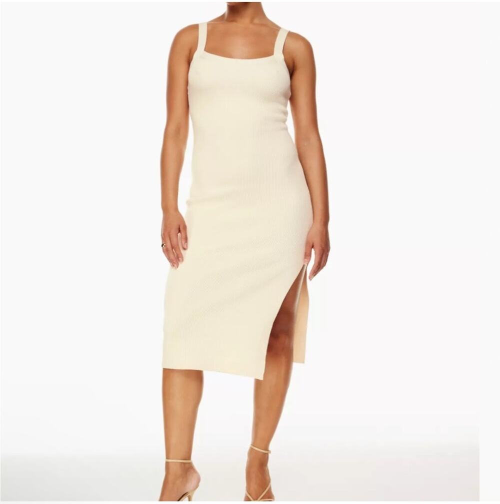 Babaton Dress Womens Large Birch Cream Chase Ribbed Midi Sleeveless Side Slit